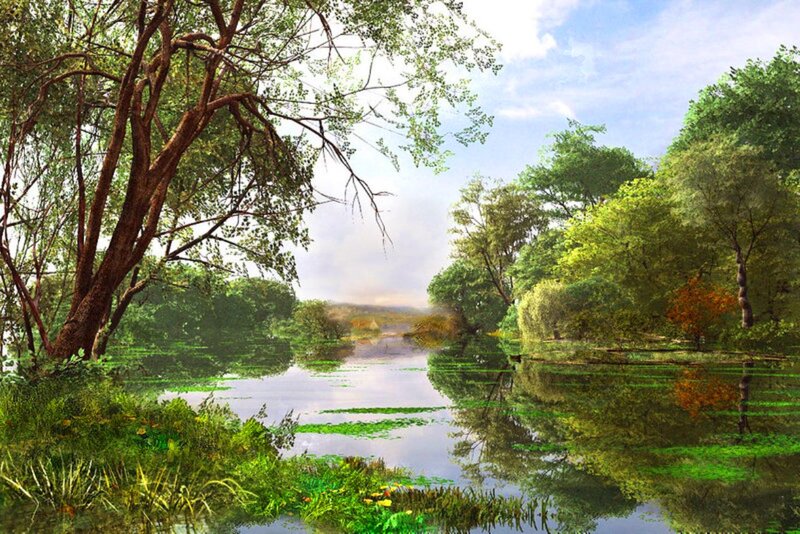 River in Forest Landscape — Green, Serene, Afternoon, Digital Art