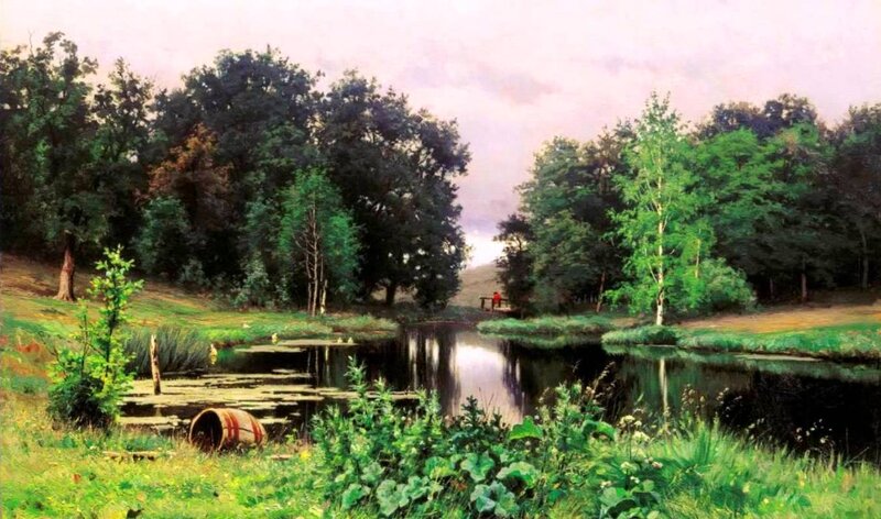 River in Forest Landscape — Green, Serene, Afternoon, Painting, Trees, Barrel