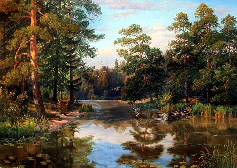 River in Forest Landscape — Green, Serene, Afternoon, Painting, Trees, Boat