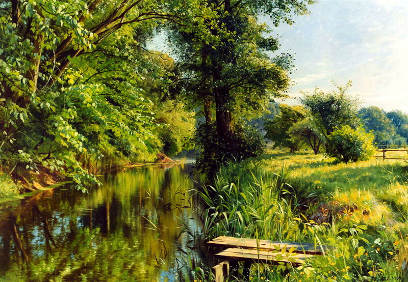 River in Forest Landscape — Green, Serene, Afternoon, Painting, Trees, Grass