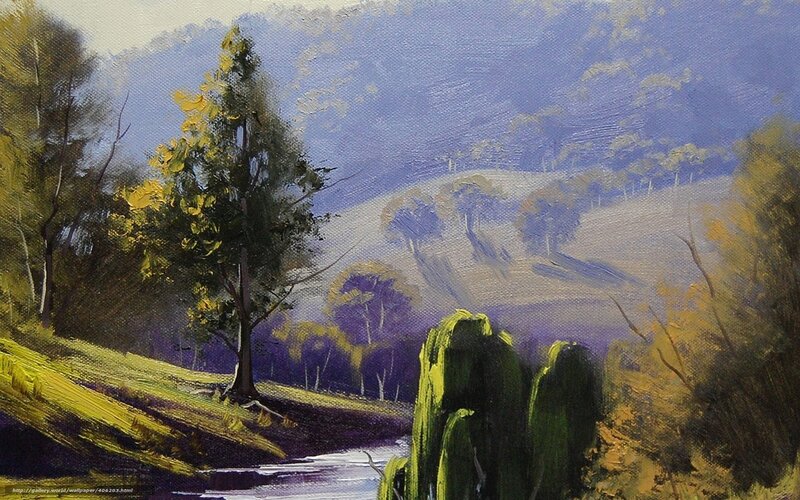 River in Forest Landscape — Green, Serene, Afternoon, Painting, Trees, Hills