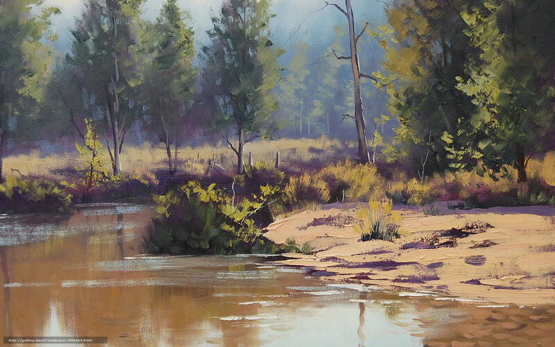 River in Forest Landscape — Green, Serene, Afternoon, Painting, Trees, Sand