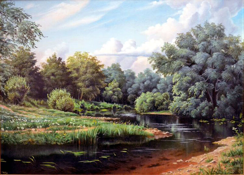 River in Forest Landscape — Green, Serene, Afternoon, Painting, Trees, Sky