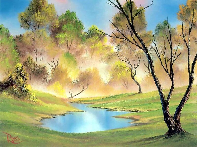 River in Forest Landscape — Green, Serene, Morning, Painting, Trees