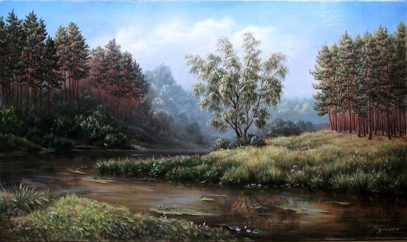 River in Forest Landscape — Green, Serene, Morning