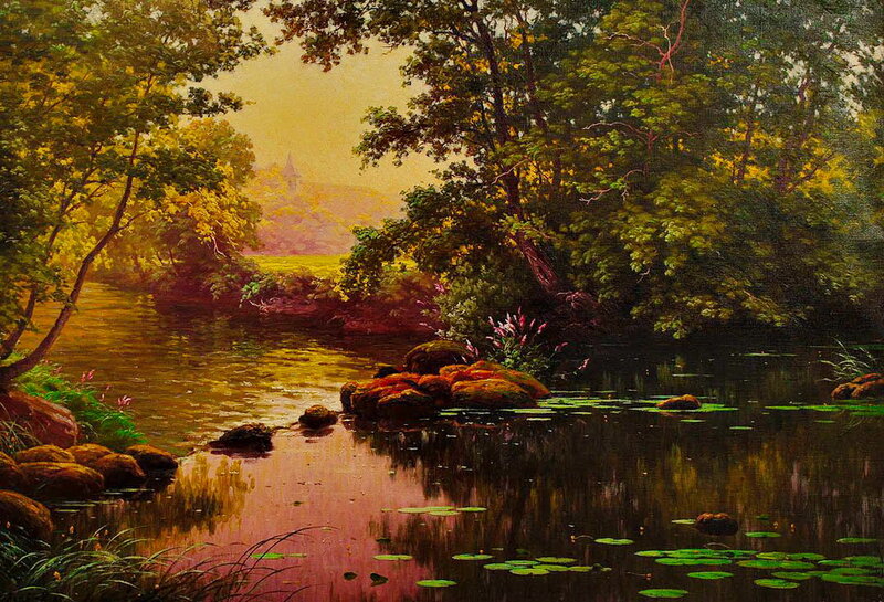 River in Forest Landscape — Green, Serene, Sunset