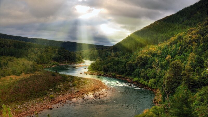 River in Forest Valley — Green, Dramatic, Afternoon, Photograph, Mountains, Sunlight