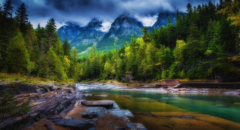 River in Forest Valley — Green, Dramatic, Afternoon, Photograph, Mountains