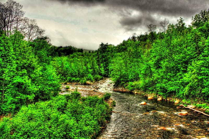 River in Forest Valley — Green, Dramatic, Photograph