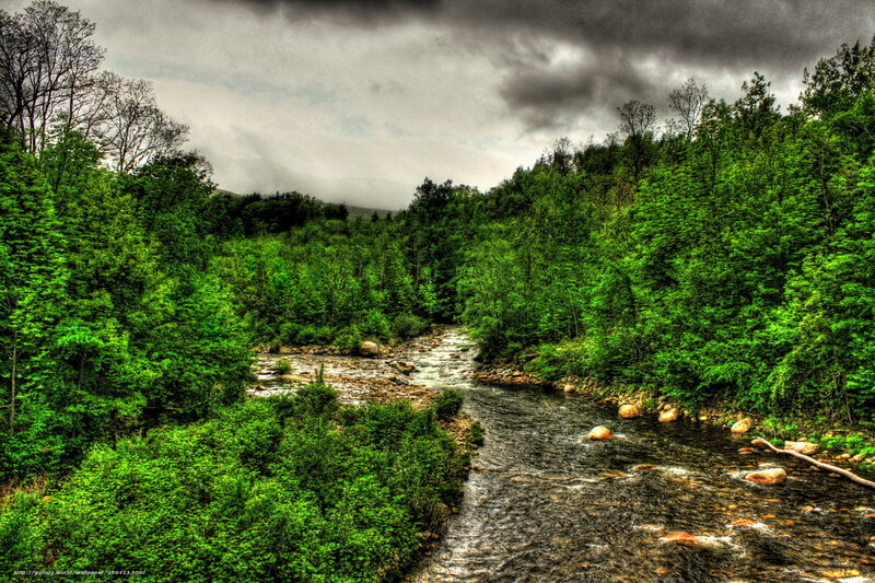 River in Forest Valley — Green, Dramatic, Photograph, Trees, Rocks, Clouds