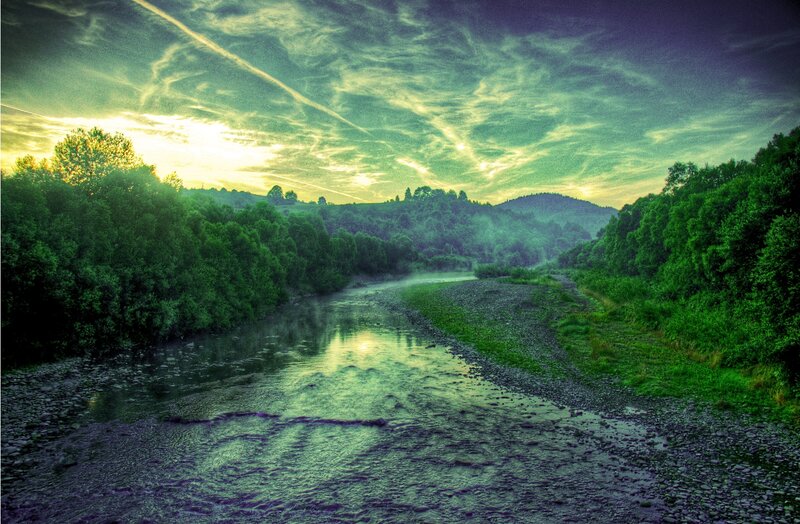 River in Forest Valley — Green, Dramatic, Sunset, Photograph