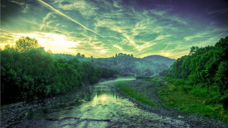 River in Forest Valley — Green, Dramatic, Sunset