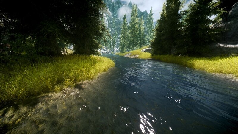 River in Forest Valley — Green, Serene, Afternoon, 3d Render, Trees, Mountains, Grass