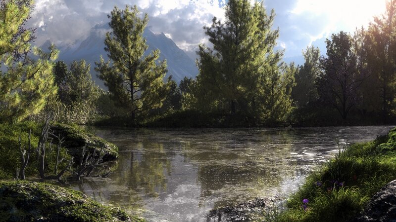 River in Forest Valley — Green, Serene, Afternoon, 3d Render, Trees, Mountains