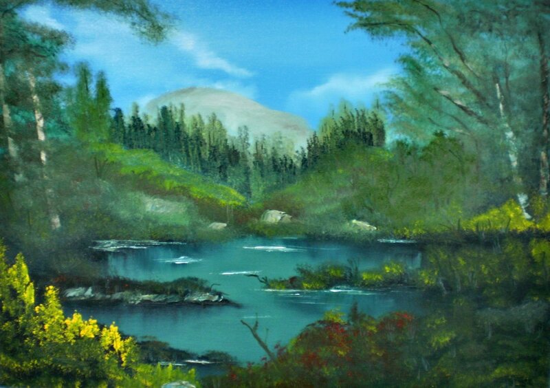 River in Forest Valley — Green, Serene, Afternoon, Painting, Trees, Mountain