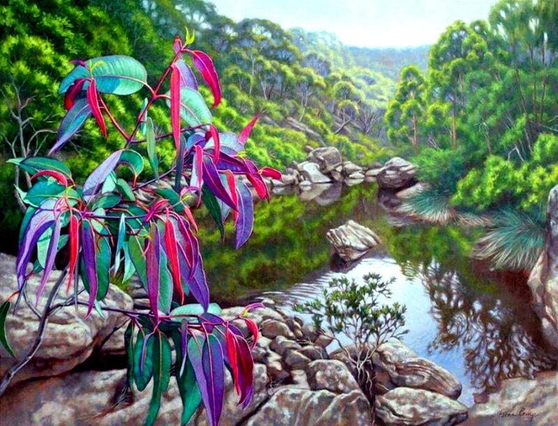 River in Forest Valley — Green, Serene, Afternoon, Painting, Trees, Rocks