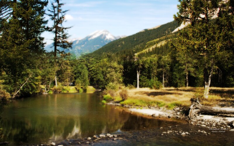 River in Forest Valley — Green, Serene, Afternoon, Photograph, Mountains, Trees, Blue