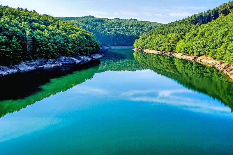 River in Forest Valley — Green, Serene, Afternoon, Photograph, Trees, Hills, Sky