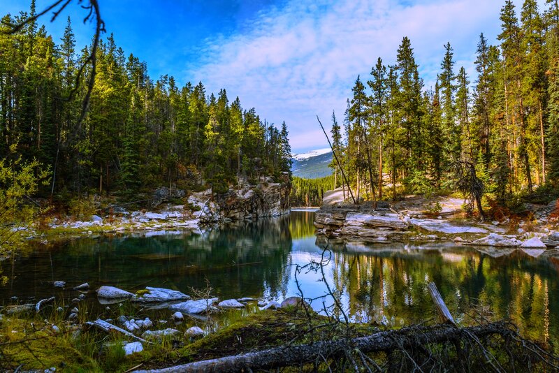 River in Forest Valley — Green, Serene, Afternoon, Photograph, Trees, Mountain, Rocks