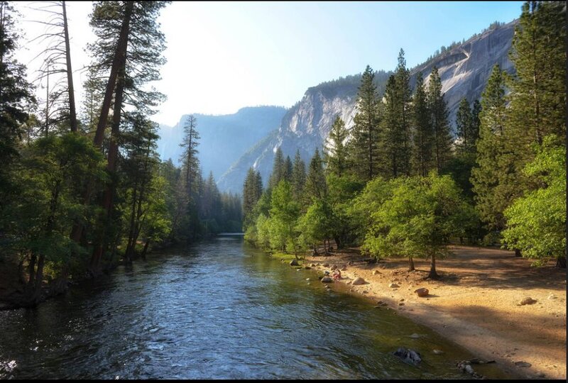 River in Forest Valley — Green, Serene, Afternoon, Photograph, Trees, Mountains, Sand