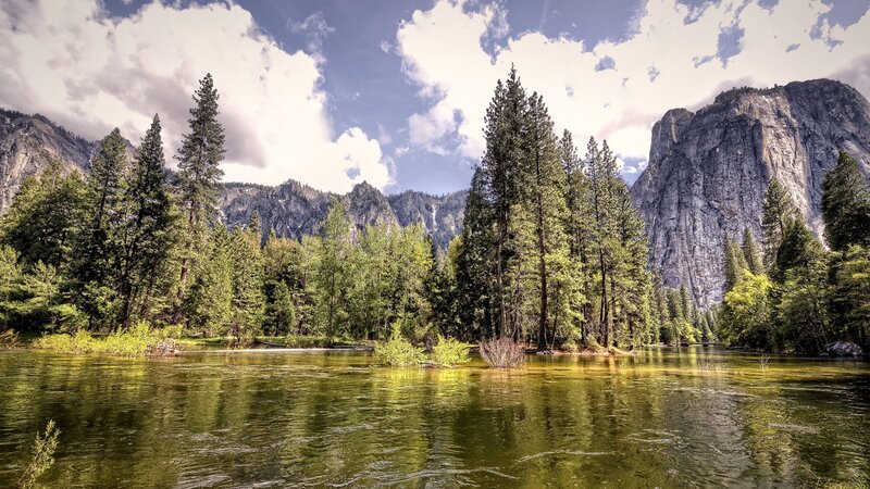 River in Forest Valley — Green, Serene, Afternoon, Photograph, Trees, Mountains, Sky