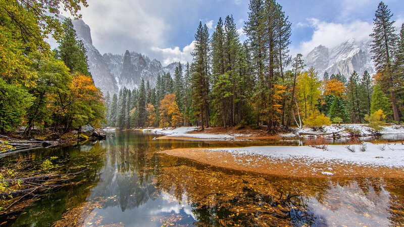 River in Forest Valley — Green, Serene, Autumn, Photograph, Trees, Mountains, Snow