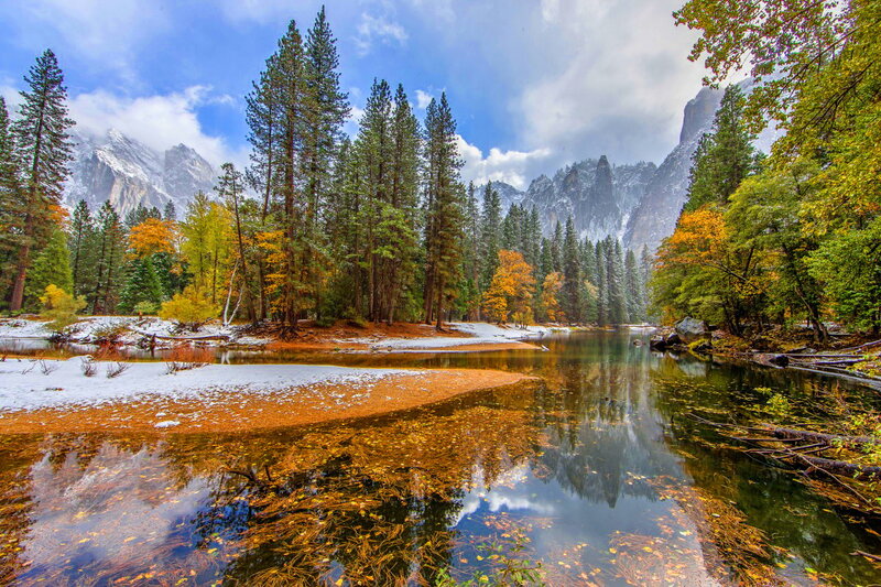 River in Forest Valley — Green, Serene, Autumn, Photograph, Trees, Mountains