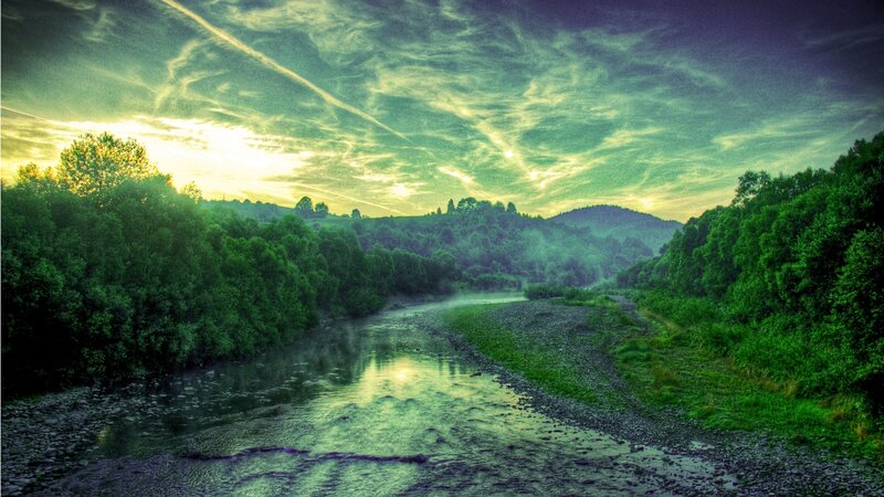 River in Forest Valley — Green, Serene, Sunset