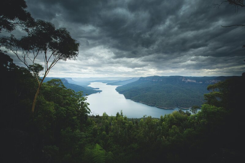 River in Forested Valley — Green, Dramatic