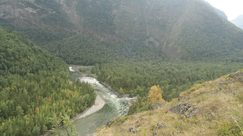 River in Forested Valley — Green, Serene, Autumn, Photograph, Mountains