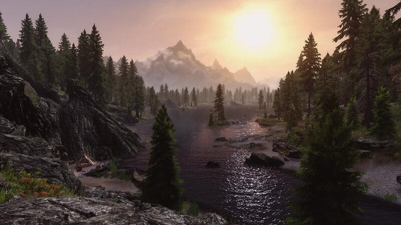 River in Forested Valley — Green, Serene, Sunset