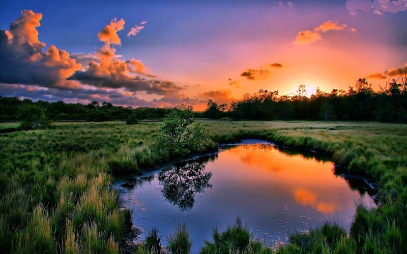 River in Marsh at Sunset — Orange, Serene