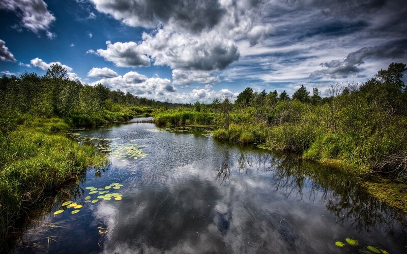 River in Marshland — Blue, Dramatic, Afternoon, Photograph, Clouds