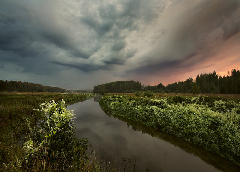 River in Marshland — Green, Dramatic, Sunset