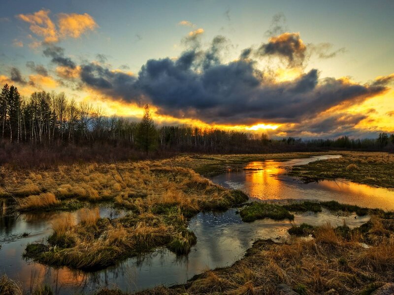 River in Marshland — Orange, Dramatic, Sunset