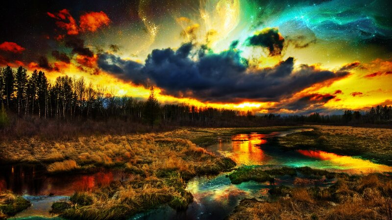 River in Marshland — Yellow, Dramatic, Sunset
