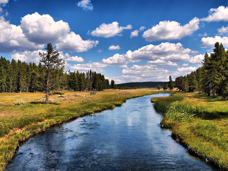 River in Meadow — Blue, Serene, Afternoon, Photograph