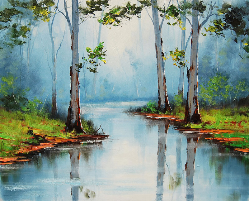 River in Misty Forest — Blue, Serene