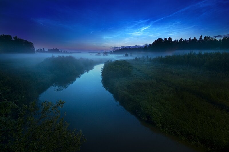 River in Misty Landscape — Blue