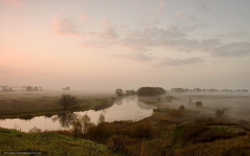 River in Misty Landscape — Pink