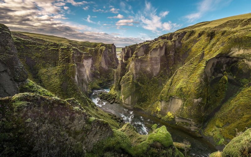 River in Moss-covered Canyon — Green, Dramatic