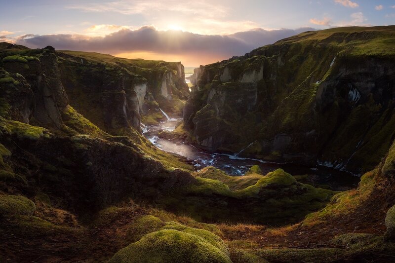 River in Moss-covered Canyon — Green