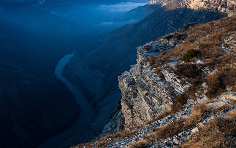 River in Mountain Canyon — Blue, Dramatic, Sunset