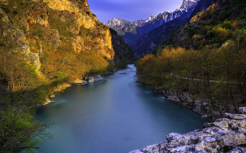 River in Mountain Canyon — Blue, Serene, Sunset