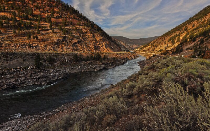 River in Mountain Canyon — Brown, Serene, Sunset