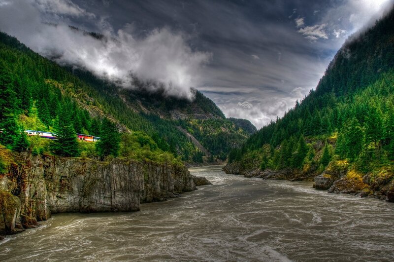 River in Mountain Canyon — Green, Dramatic, Photograph, Train