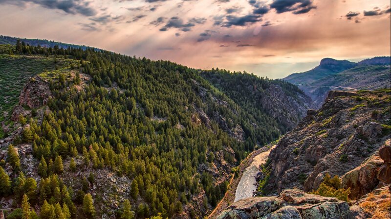 River in Mountain Canyon — Green, Dramatic, Sunset, Photograph