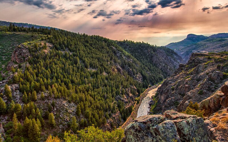 River in Mountain Canyon — Green, Dramatic, Sunset