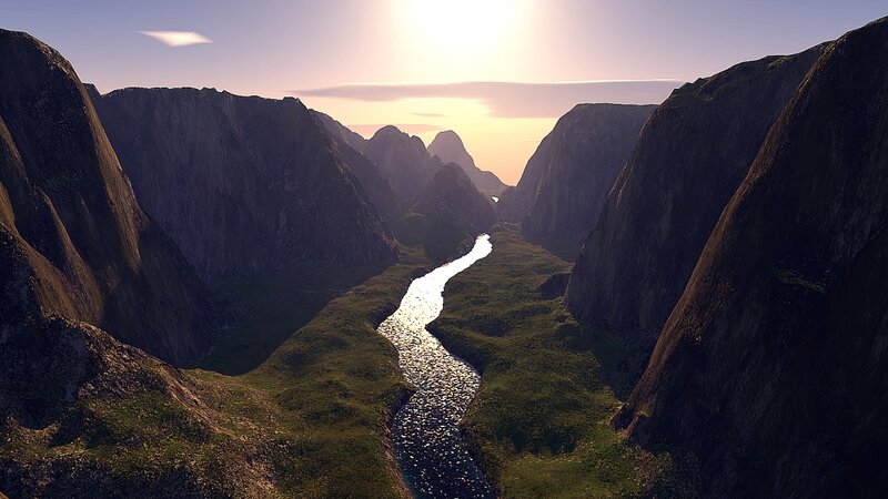River in Mountain Canyon — Green, Serene, Sunset