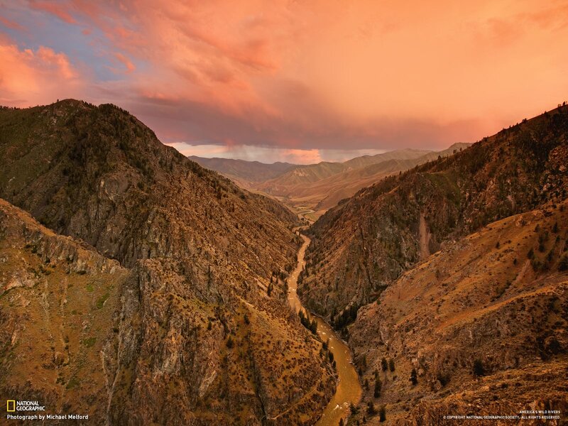 River in Mountain Canyon — Orange, Dramatic, Sunset, Photograph